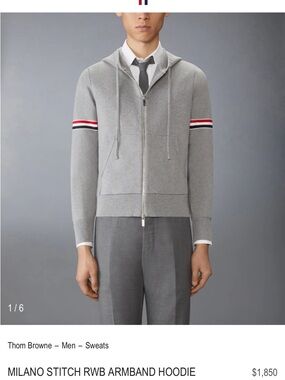 Thom Browne Gray Zip-Up Milano Stitch Hoodie with RWB Arm Stripes